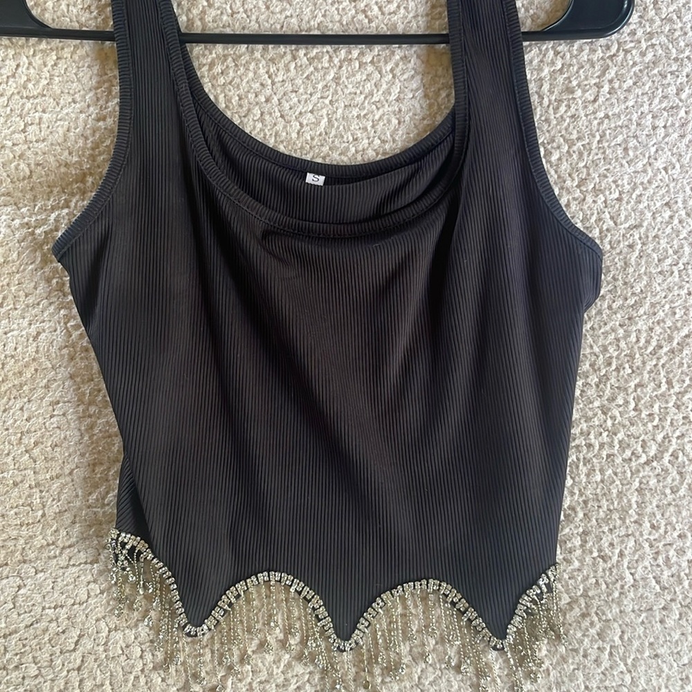 Black crop top with bling ends.